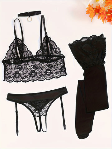 Dentelle de Minuit – Ensemble de lingerie deux pièces en dentelle avec jarretières