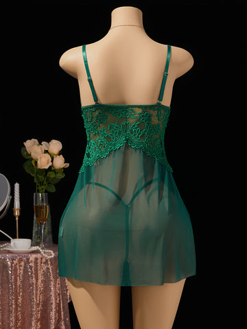 Nuisette en dentelle Velune – Nuisette dos nu en dentelle vert foncé