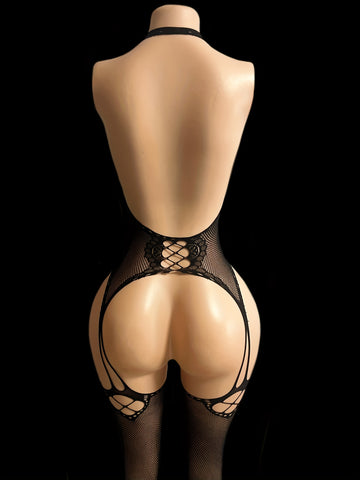 Silk Ember – body résille moulant à col halter