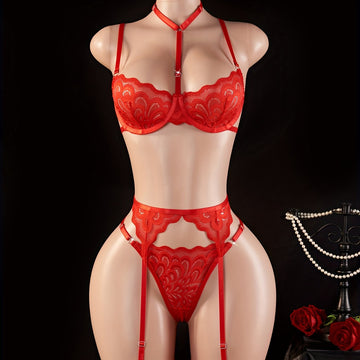 Ensemble soutien-gorge et culotte en dentelle velours – trois pièces