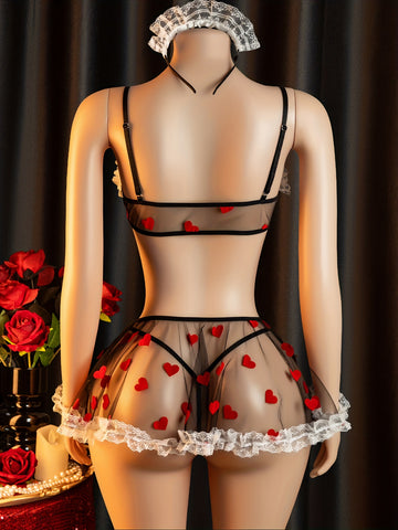 Velvet Charm – Ensemble de jeu de rôle de soubrette en quatre pièces avec détails en forme de cœur